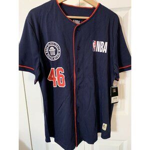 New Authentic NBA #46 Men Sz‎ L Basketball Blue Button Baseball Style Jersey NWT